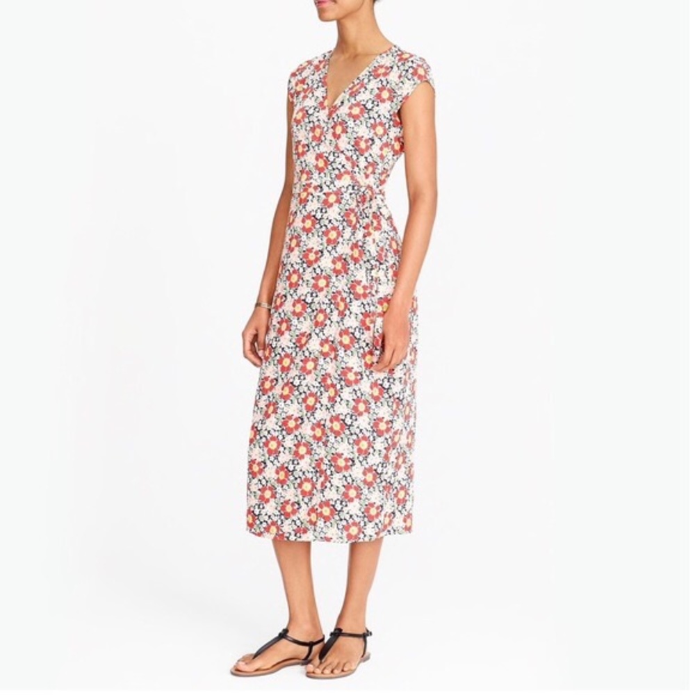 J Crew Womens Floral Multicolor Wrap Midi Dress Cap Sleeves V Neck J4557 size XS